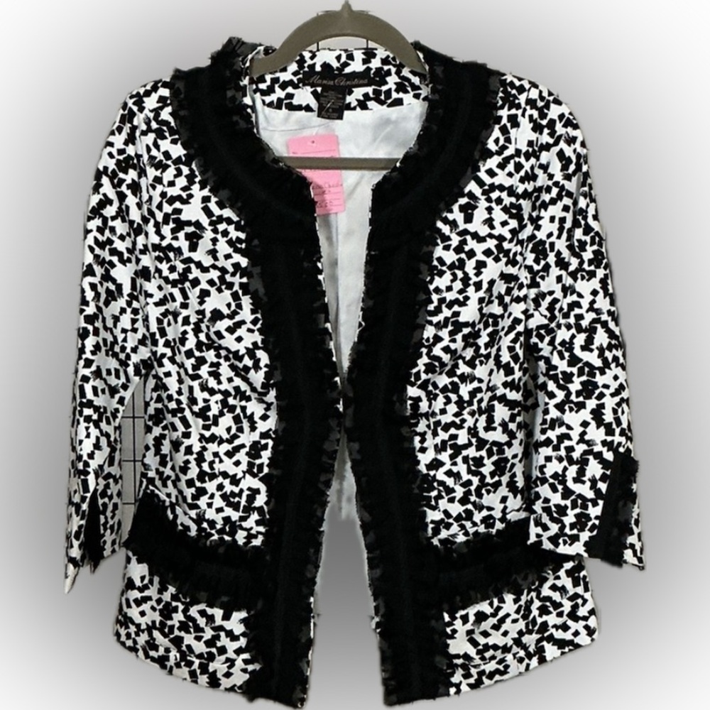 Marisa Christina Black and White Ruffle-Trim Blazer